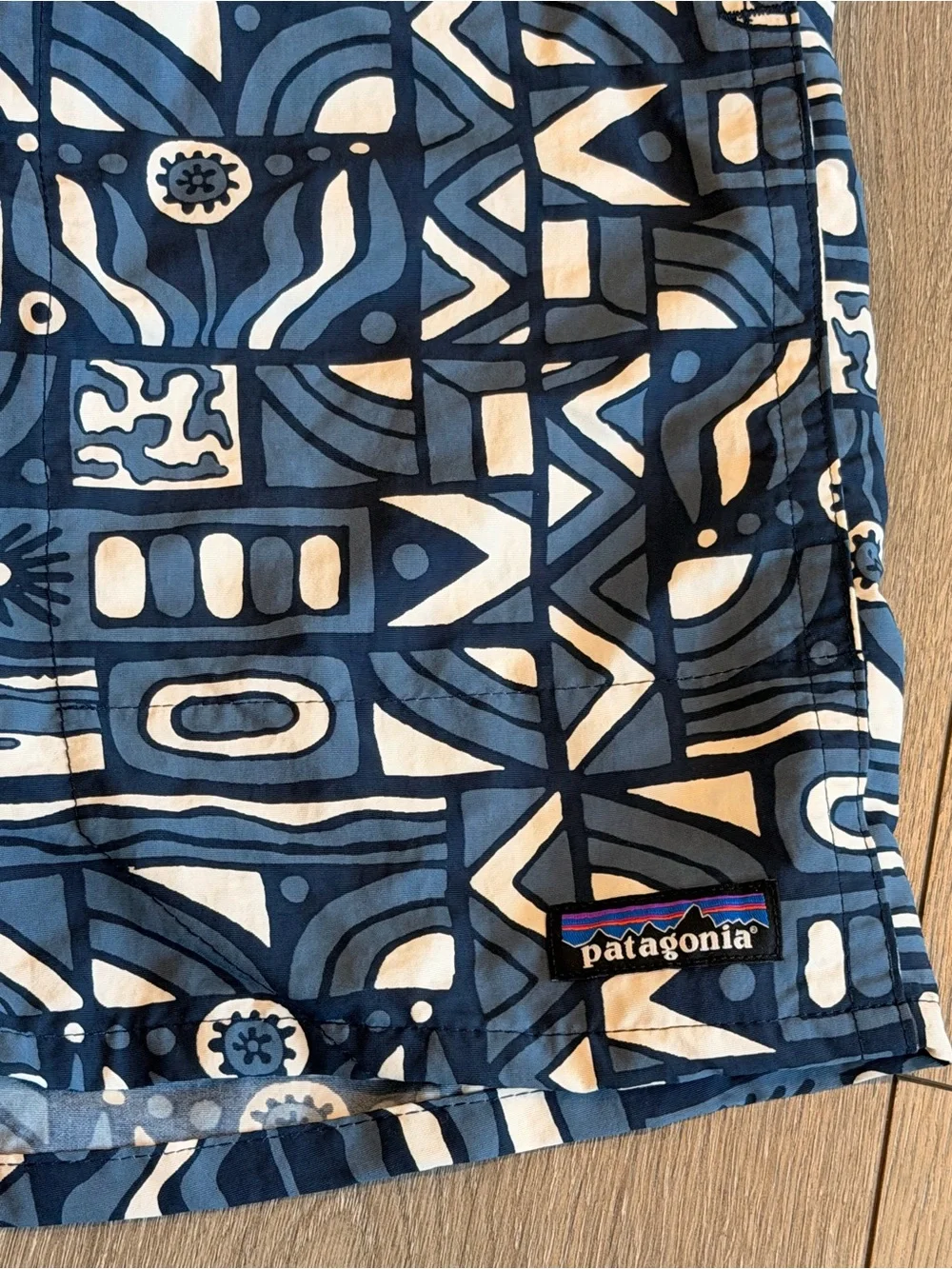 Patagonia Men’s Navy and White Geometric Swim Trunks